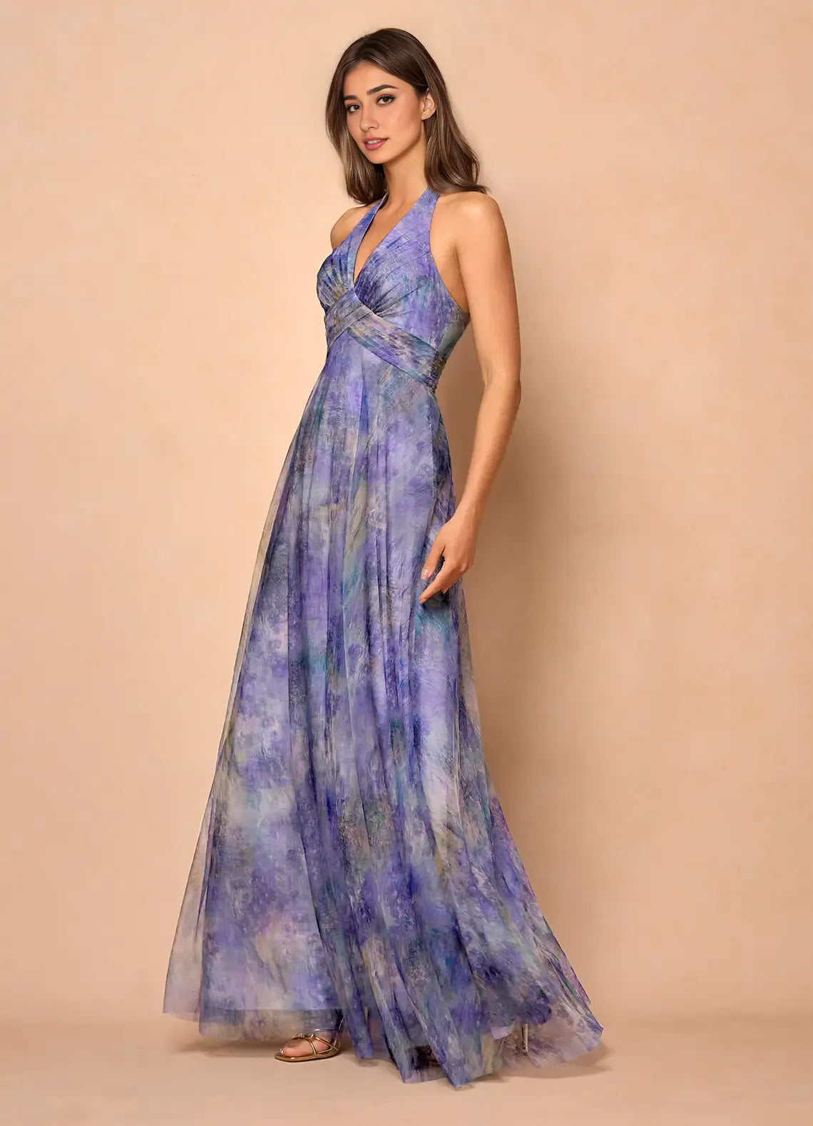 Robe Weitese lilas dos nu col en V élégante robe longue robe de bal sans manches dos nu imprimé fleuri robe de soirée trapèze